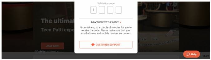 LeoVegas sign up validation code window