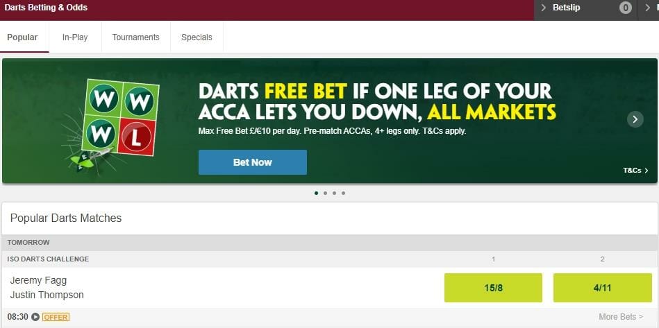 Screenshot of Popular Darts Betting & Odds at Paddy Power