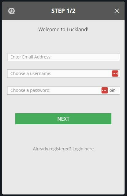 LuckLand registration screenshot